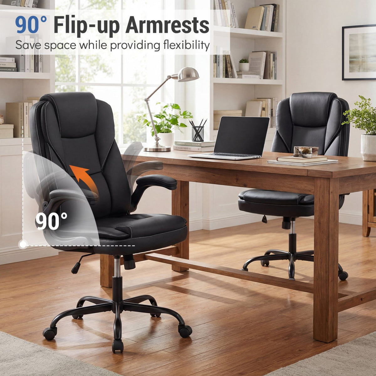 Leather Office Chair Ergonomic Computer Desk Chair with Flip-up Armrests Rocking Function-Black view 8