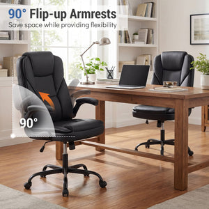 Leather Office Chair Ergonomic Computer Desk Chair with Flip-up Armrests Rocking Function-Black view 8