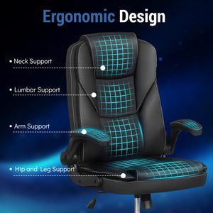 Leather Office Chair Ergonomic Computer Desk Chair with Flip-up Armrests Rocking Function-Black view 9