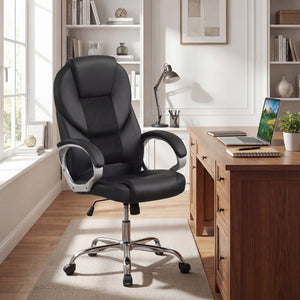 Leather Office Chair Ergonomic Mesh Executive Chair with Padded Armrests and Rocking Backrest-Black view 2