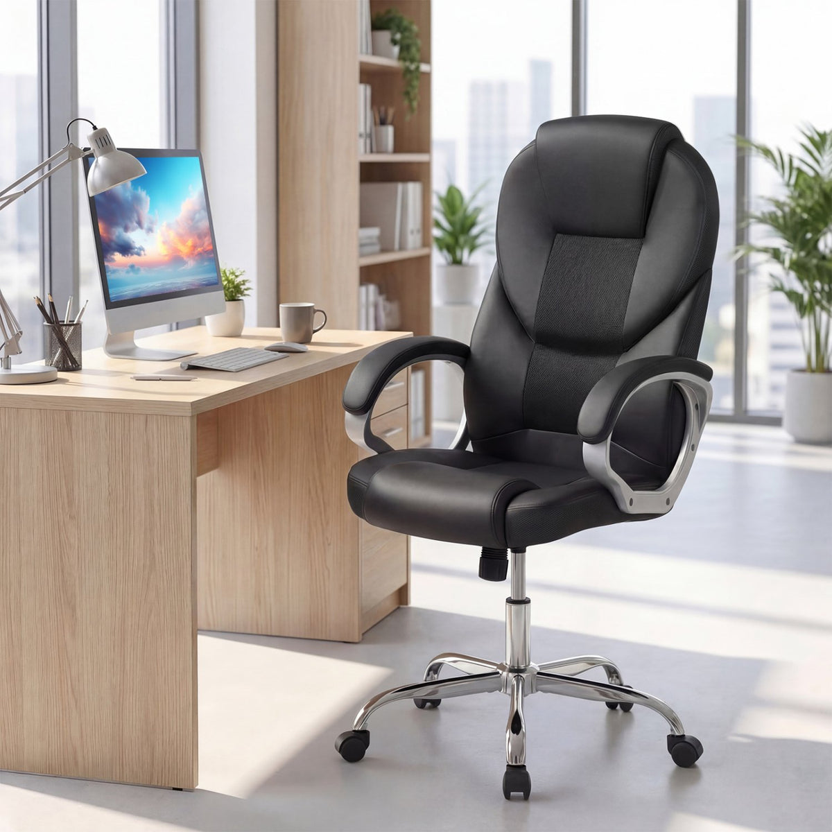 Leather Office Chair Ergonomic Mesh Executive Chair with Padded Armrests and Rocking Backrest-Black view 3