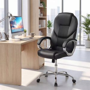 Leather Office Chair Ergonomic Mesh Executive Chair with Padded Armrests and Rocking Backrest-Black view 3