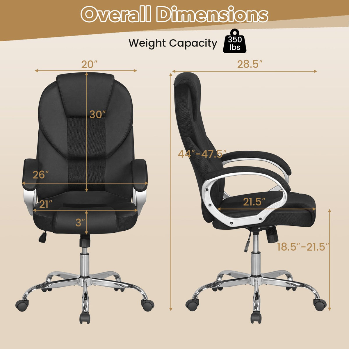 Leather Office Chair Ergonomic Mesh Executive Chair with Padded Armrests and Rocking Backrest-Black view 4