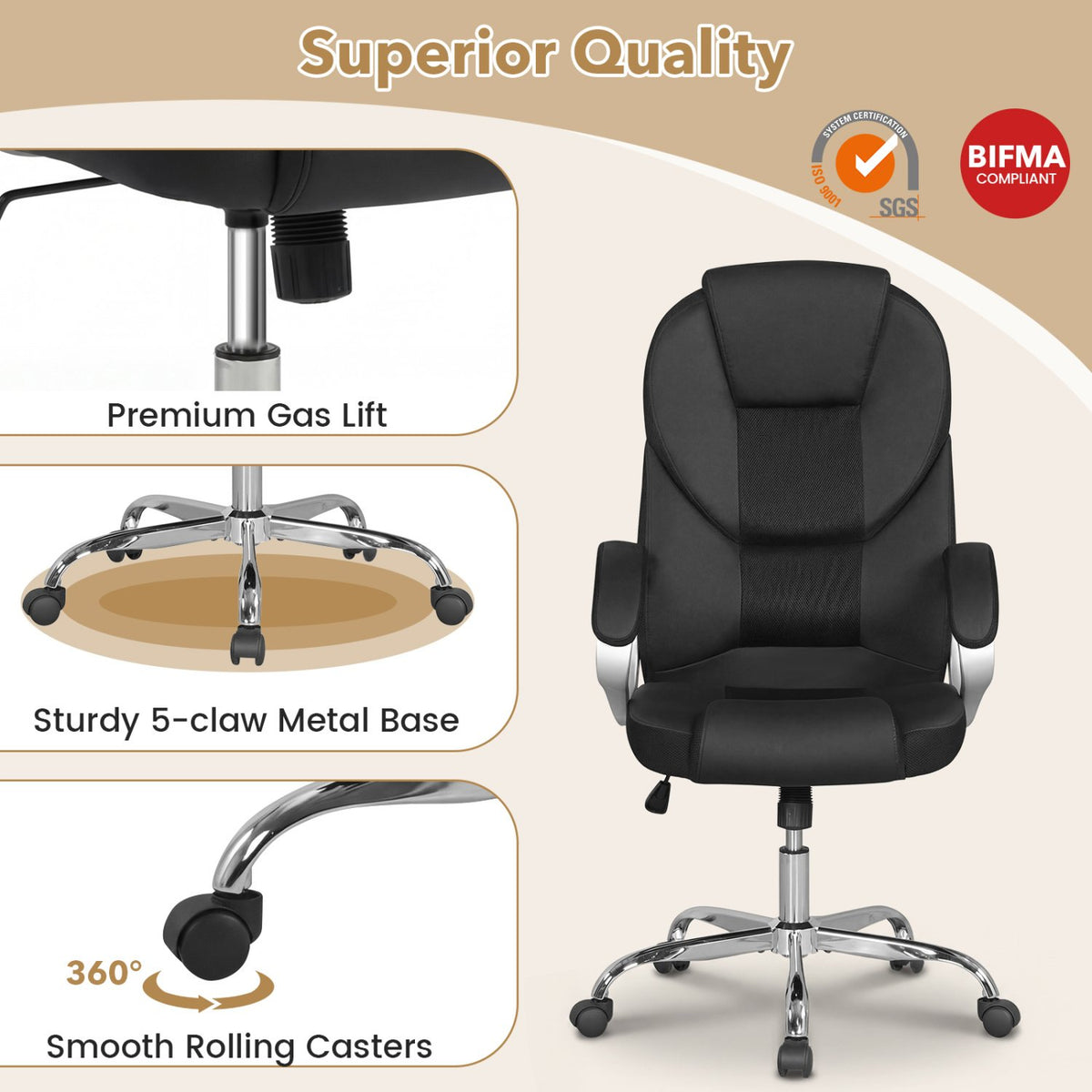 Leather Office Chair Ergonomic Mesh Executive Chair with Padded Armrests and Rocking Backrest-Black view 6