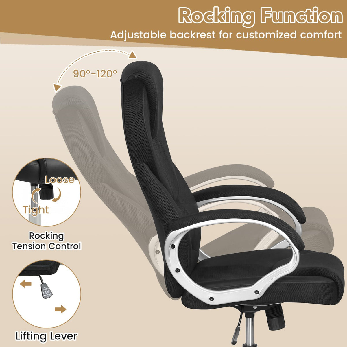 Leather Office Chair Ergonomic Mesh Executive Chair with Padded Armrests and Rocking Backrest-Black view 7