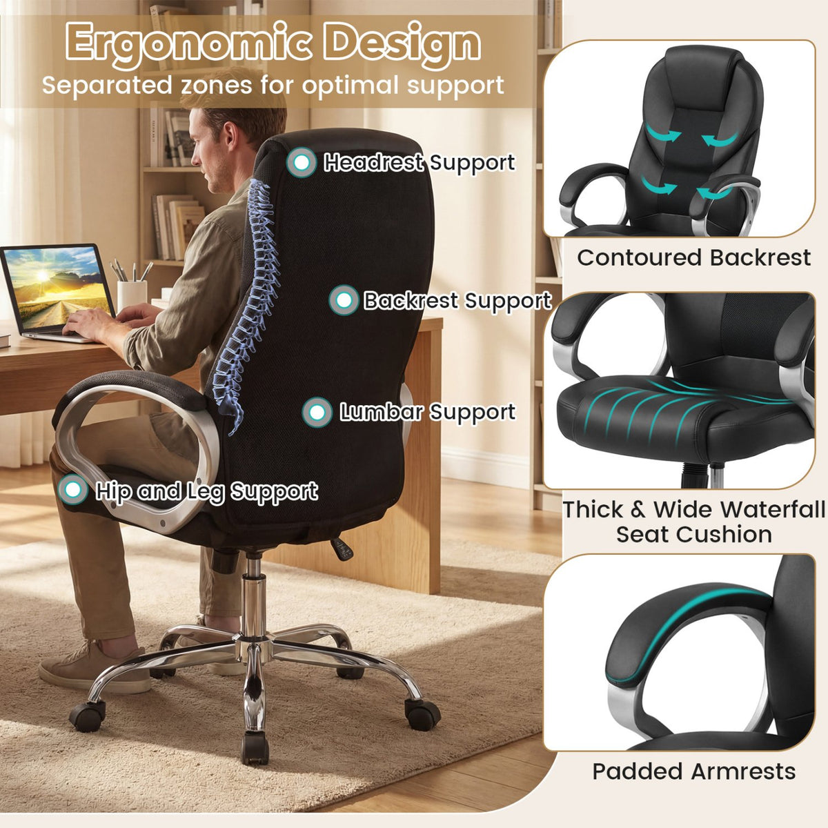 Leather Office Chair Ergonomic Mesh Executive Chair with Padded Armrests and Rocking Backrest-Black view 8