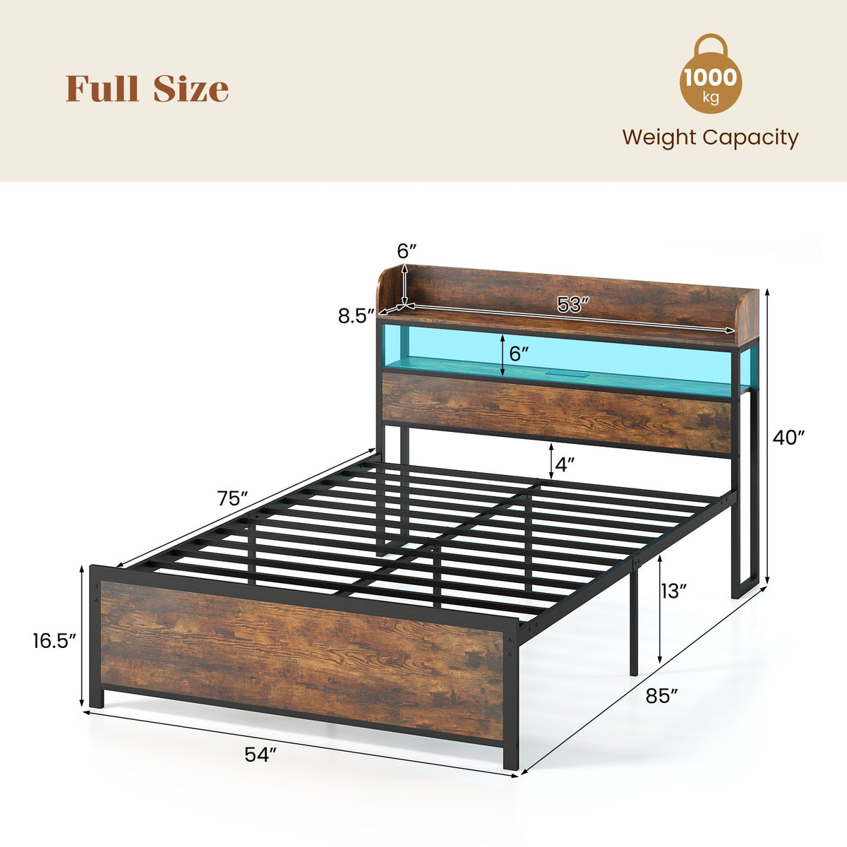 LED Bed Frame with Power Outlets and Storage Headboard-Full Size view 4
