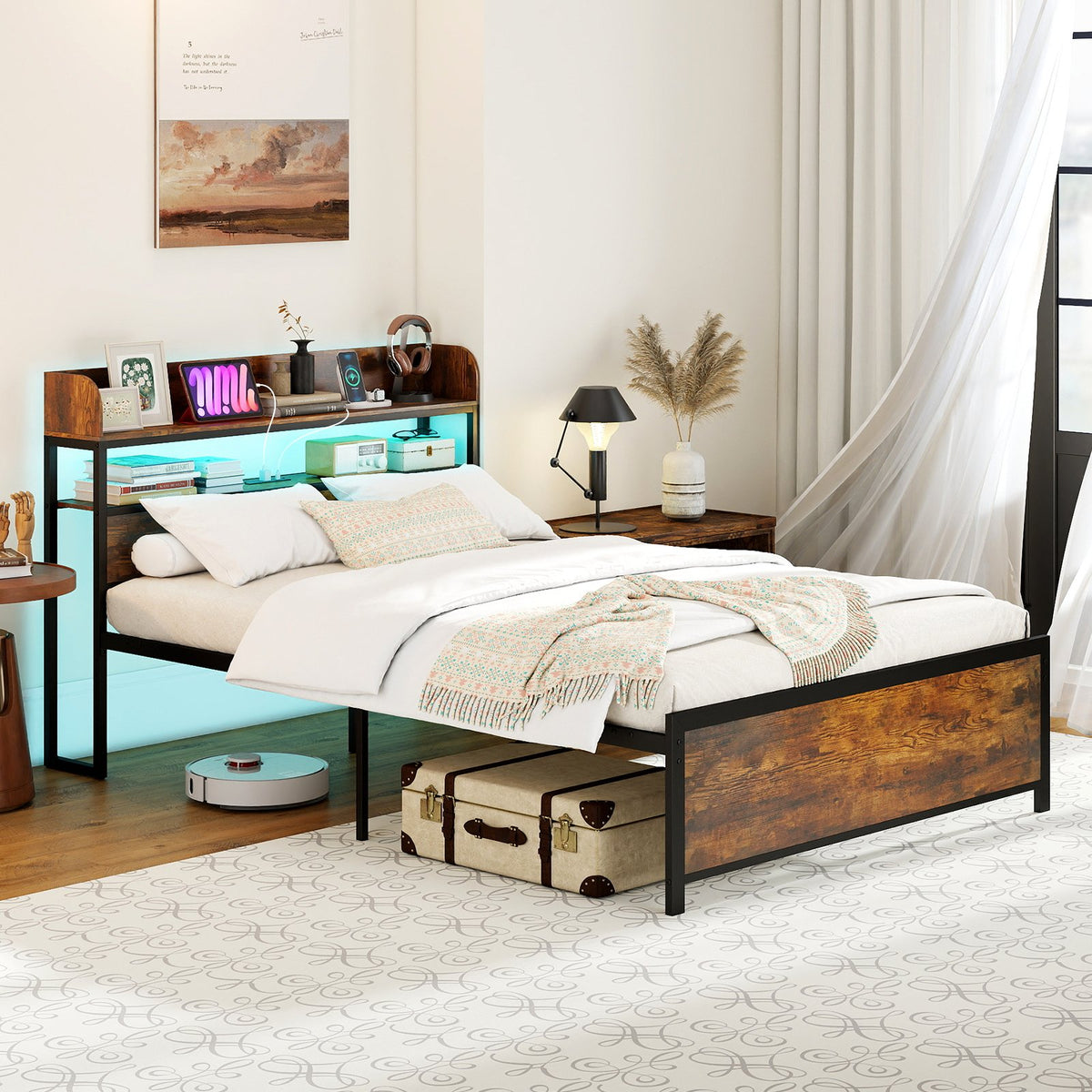 LED Bed Frame with Power Outlets and Storage Headboard-Full Size view 6