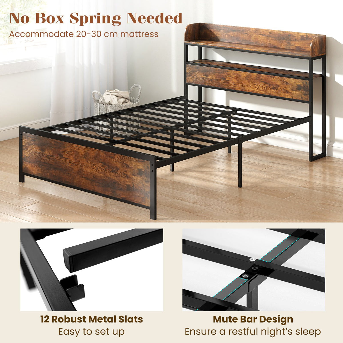 LED Bed Frame with Power Outlets and Storage Headboard-Full Size view 7