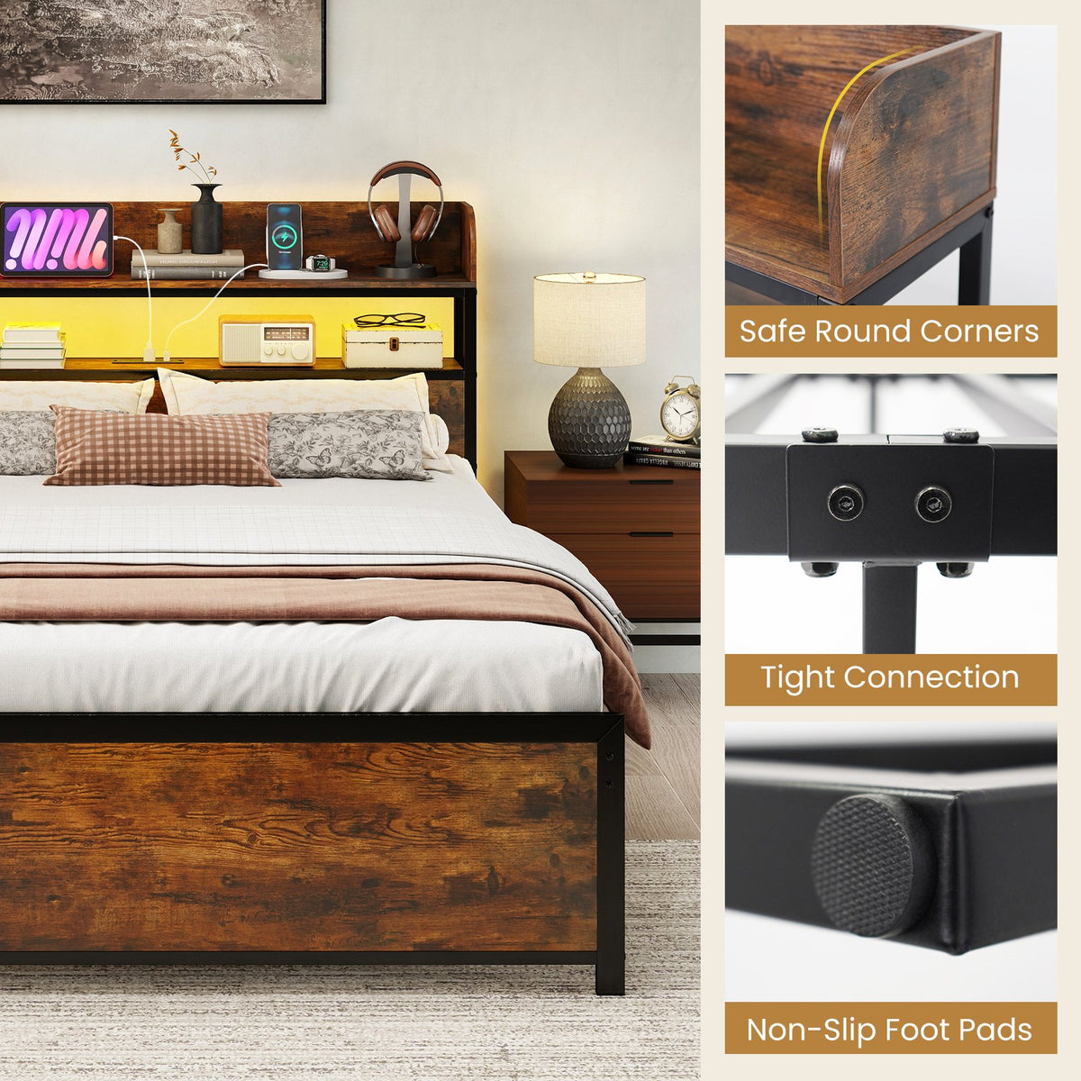 LED Bed Frame with Power Outlets and Storage Headboard-Full Size view 8