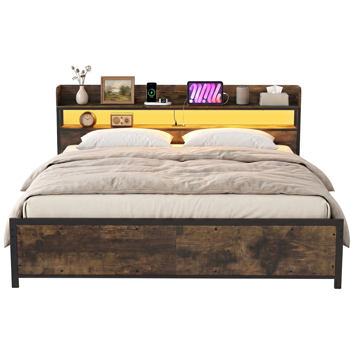 LED Bed Frame with Power Outlets and Storage Headboard-King Size view 4