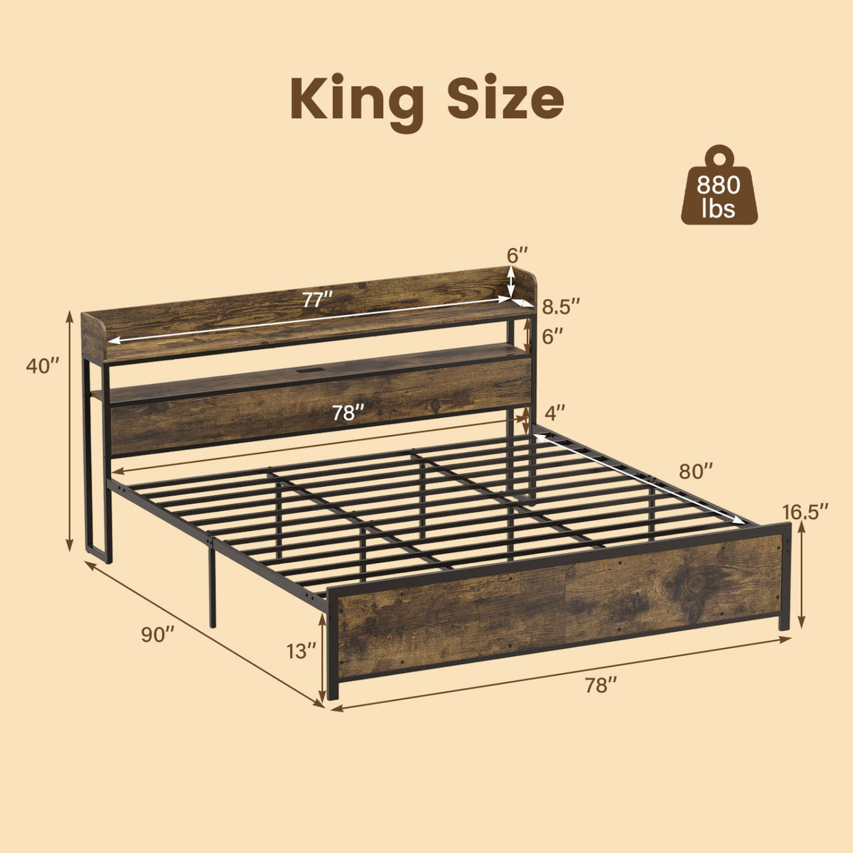 LED Bed Frame with Power Outlets and Storage Headboard-King Size view 5