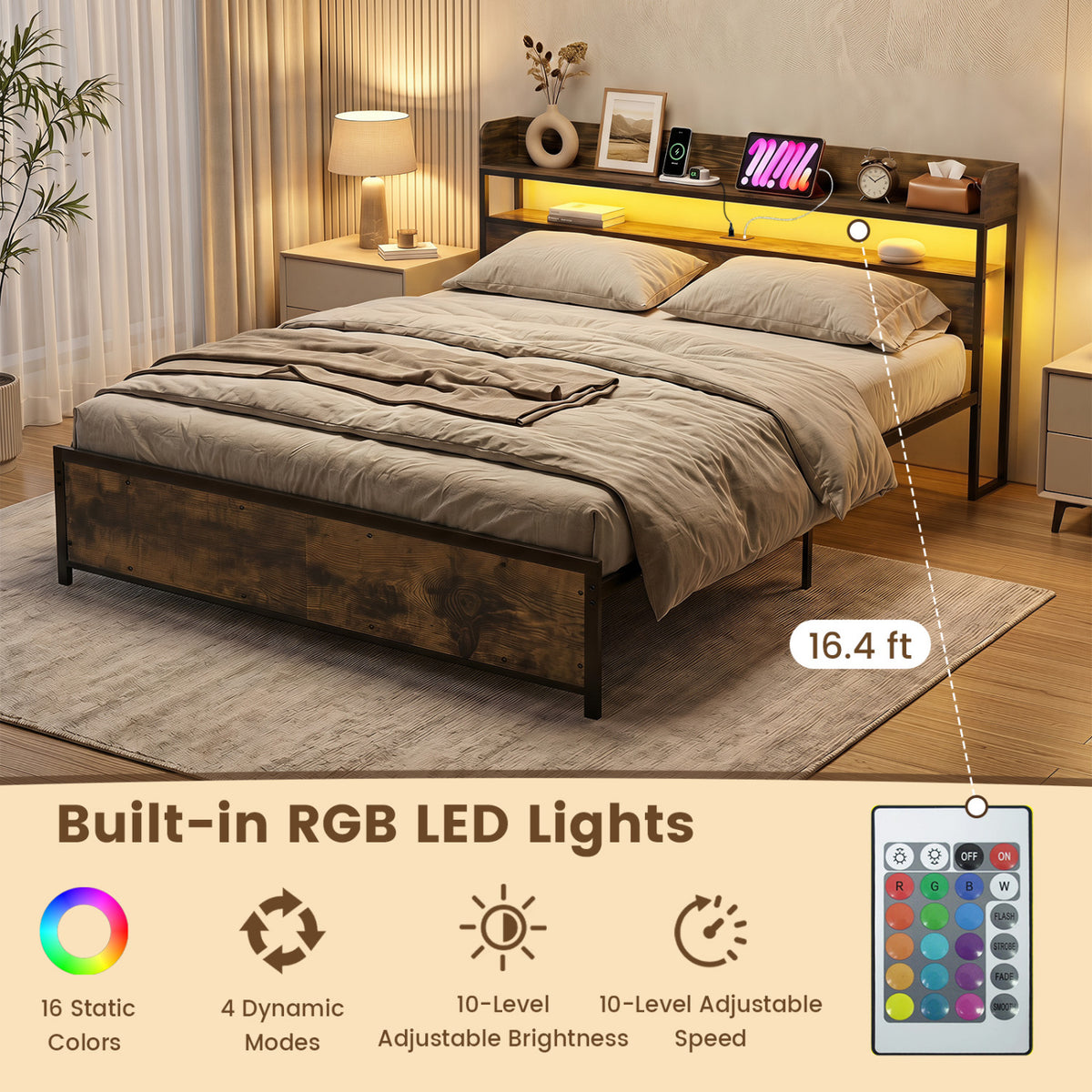 LED Bed Frame with Power Outlets and Storage Headboard-King Size view 6