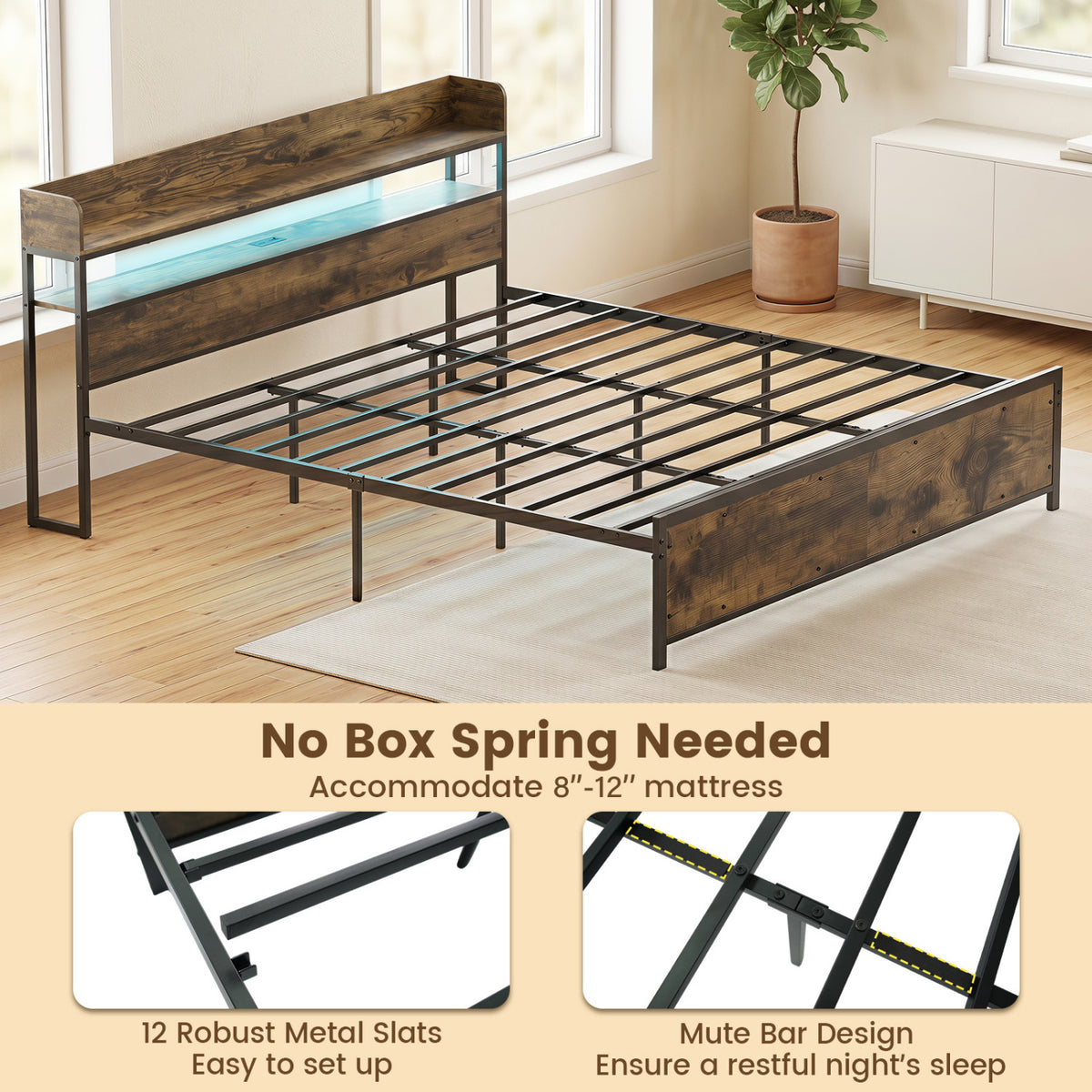 LED Bed Frame with Power Outlets and Storage Headboard-King Size view 7