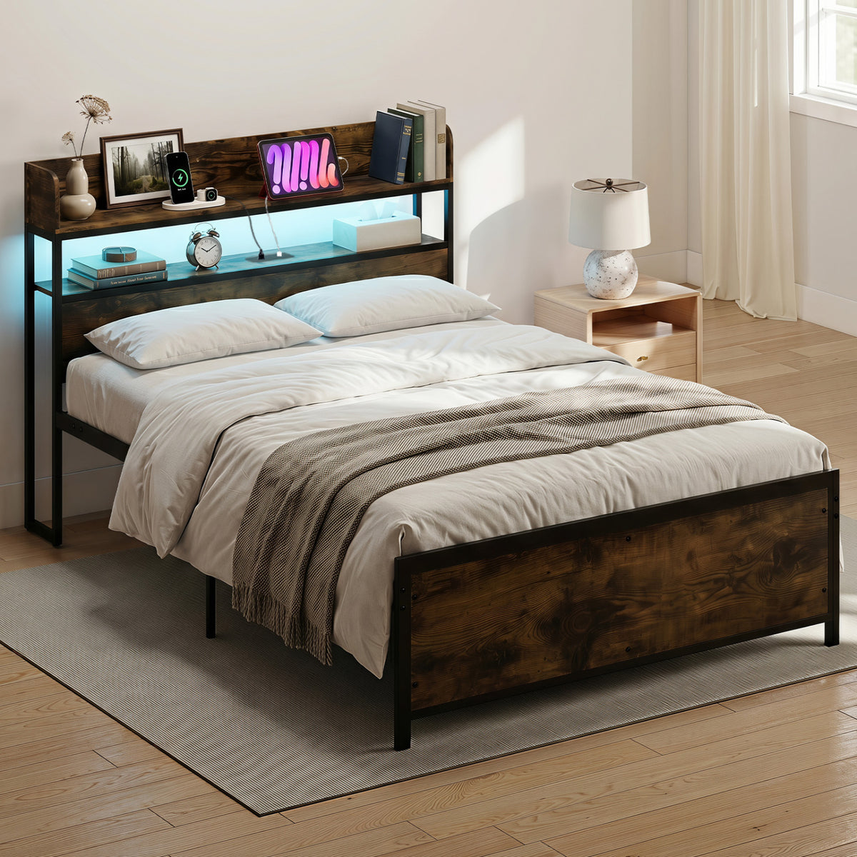 LED Bed Frame with Power Outlets and Storage Headboard-Queen Size view 2
