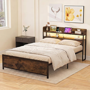 LED Bed Frame with Power Outlets and Storage Headboard-Queen Size view 3