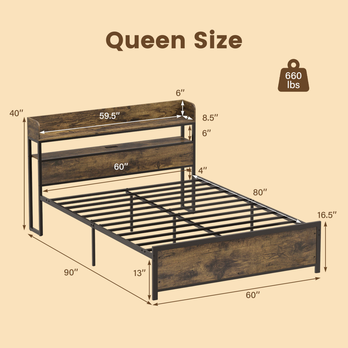 LED Bed Frame with Power Outlets and Storage Headboard-Queen Size view 5