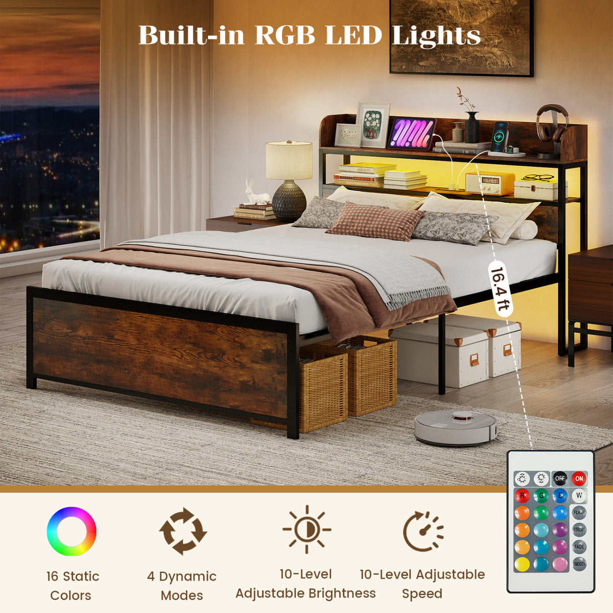 LED Bed Frame with Power Outlets and Storage Headboard-Queen Size view 6