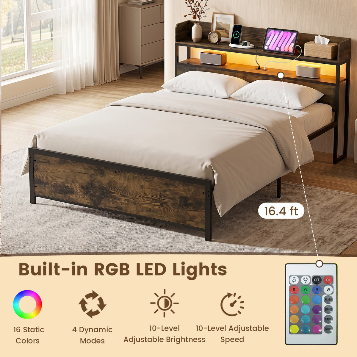LED Bed Frame with Power Outlets and Storage Headboard-Queen Size view 7