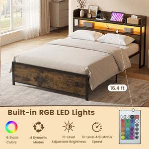 LED Bed Frame with Power Outlets and Storage Headboard-Queen Size view 7