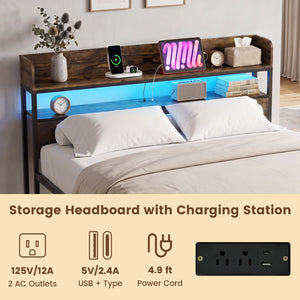 LED Bed Frame with Power Outlets and Storage Headboard-Queen Size view 8
