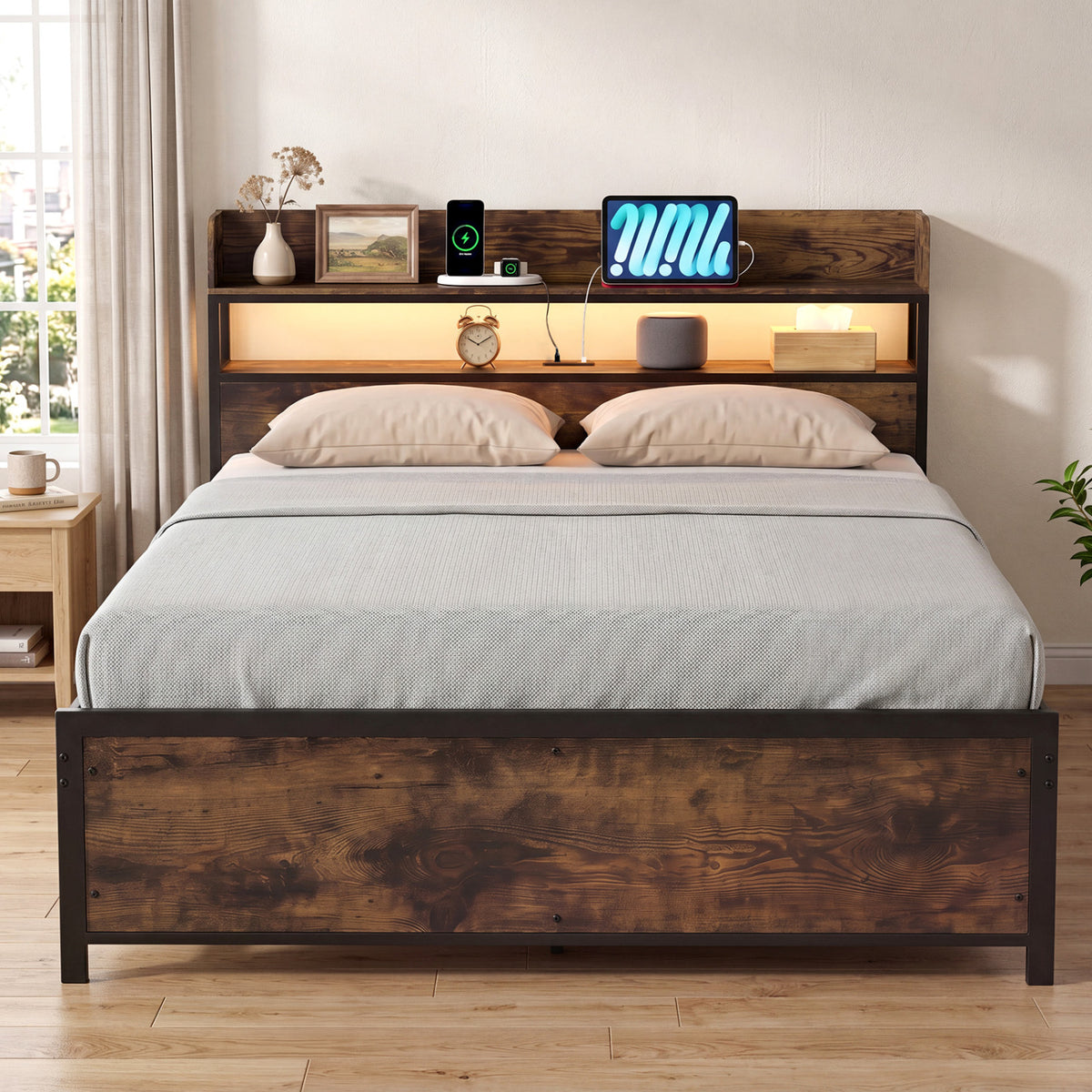 LED Bed Frame with Power Outlets and Storage Headboard-Queen Size view 9