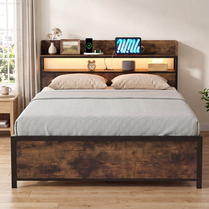 LED Bed Frame with Power Outlets and Storage Headboard-Queen Size view 9