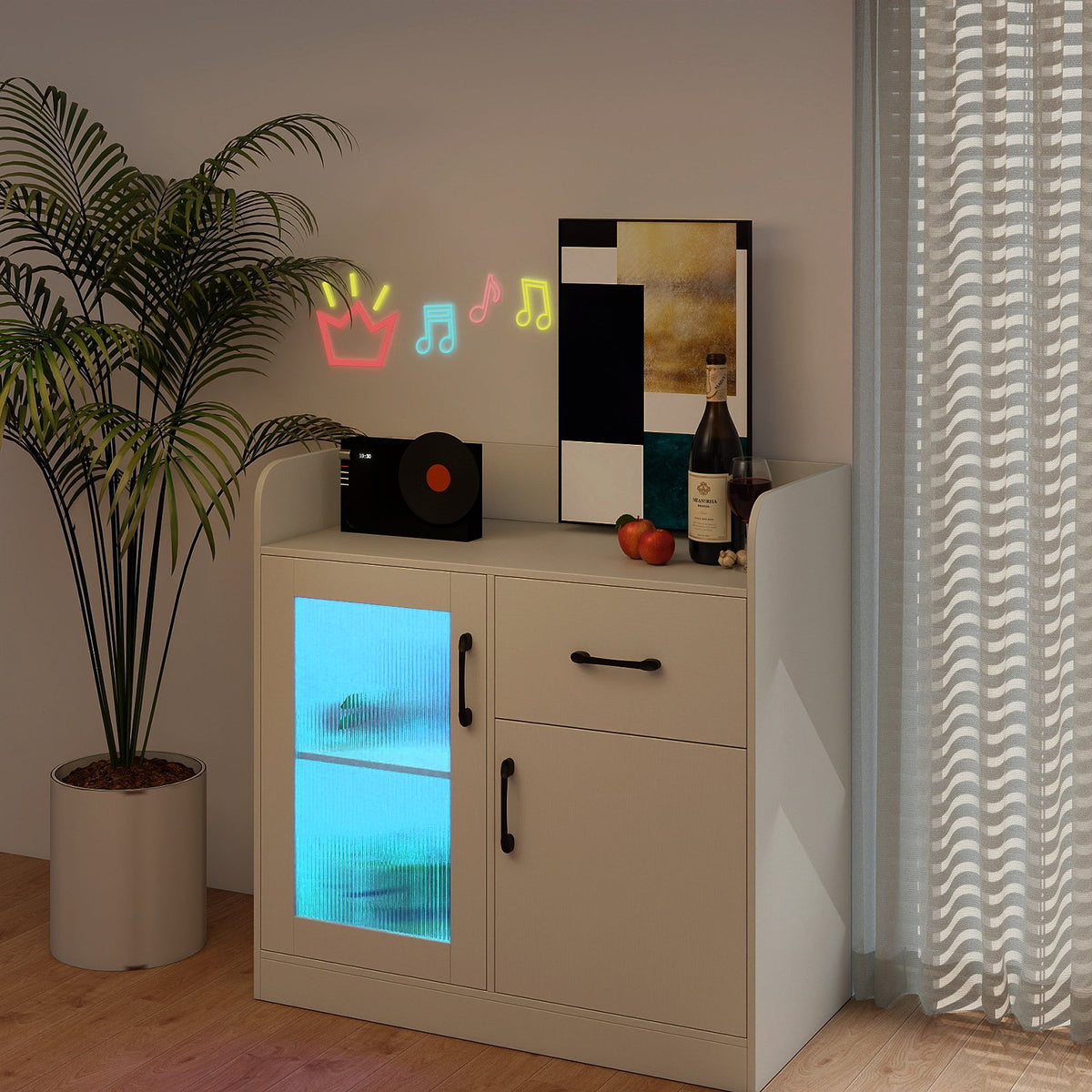 LED Buffet Sideboard with Charging Station with Drawer and Translucent Fluted Door-White view 3