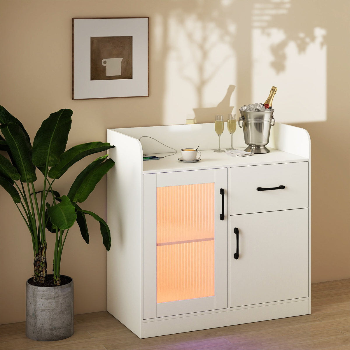 LED Buffet Sideboard with Charging Station with Drawer and Translucent Fluted Door-White view 6