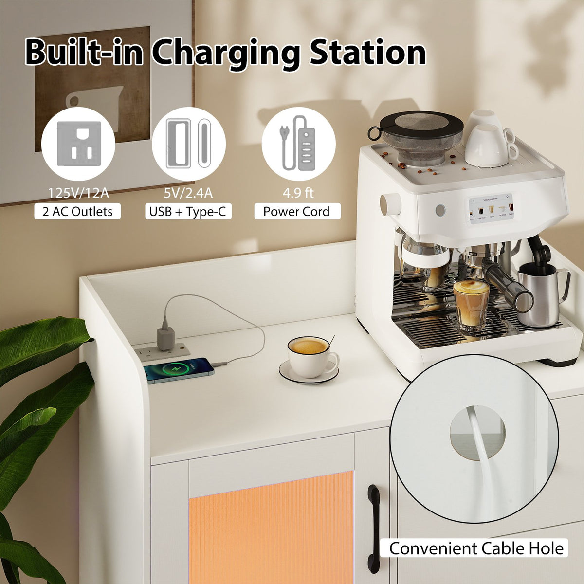 LED Buffet Sideboard with Charging Station with Drawer and Translucent Fluted Door-White view 7