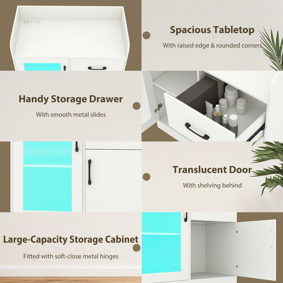 LED Buffet Sideboard with Charging Station with Drawer and Translucent Fluted Door-White view 9