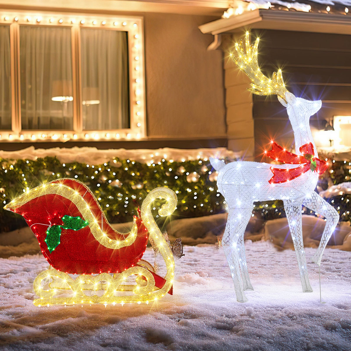LED Lighted Christmas Reindeer and Santas Sleigh view 2