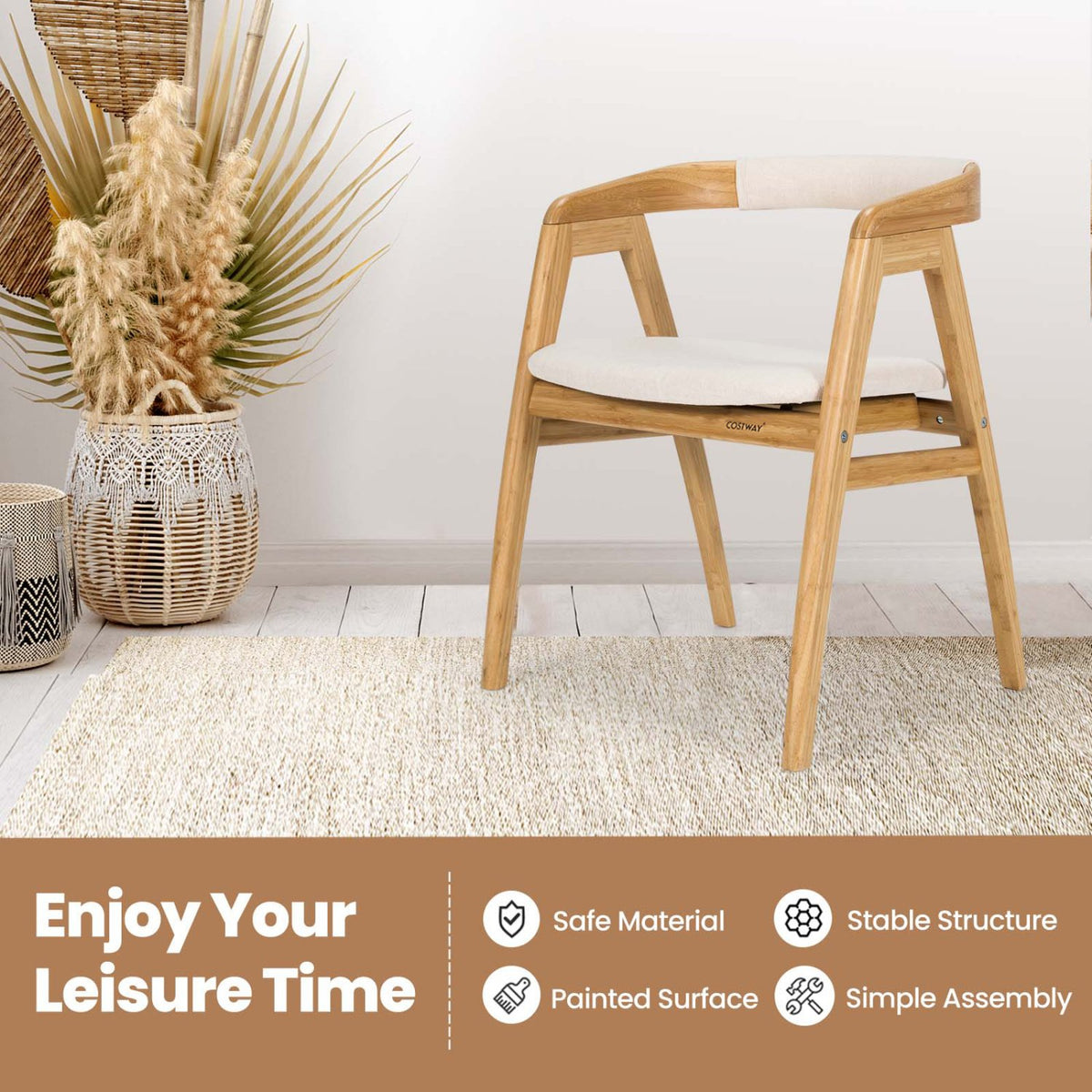 Leisure Bamboo Dining Chair with Curved Back and Anti-slip Foot Pads-Natural view 7