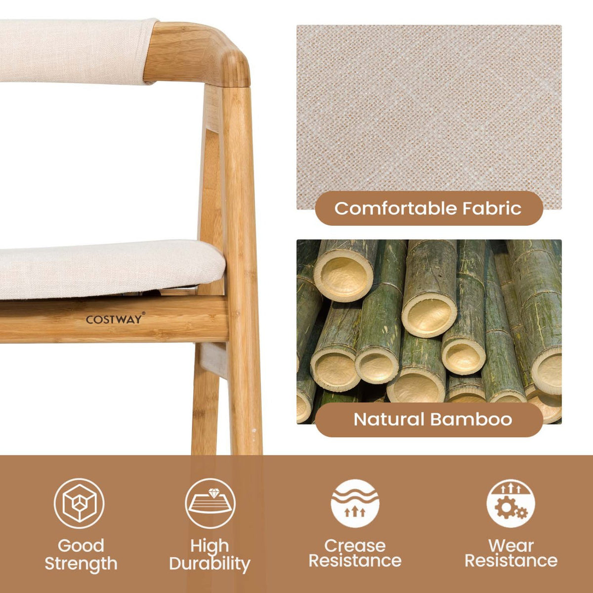Leisure Bamboo Dining Chair with Curved Back and Anti-slip Foot Pads-Natural view 8