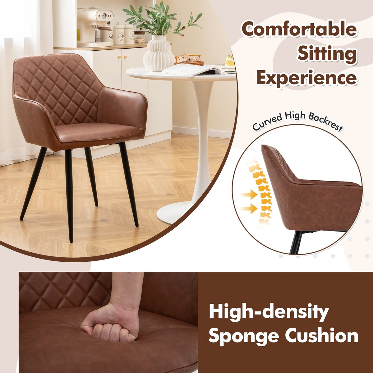 Leisure Dining Chair Set of 2 with Curved Backrest and Wide Seat-Coffee view 6