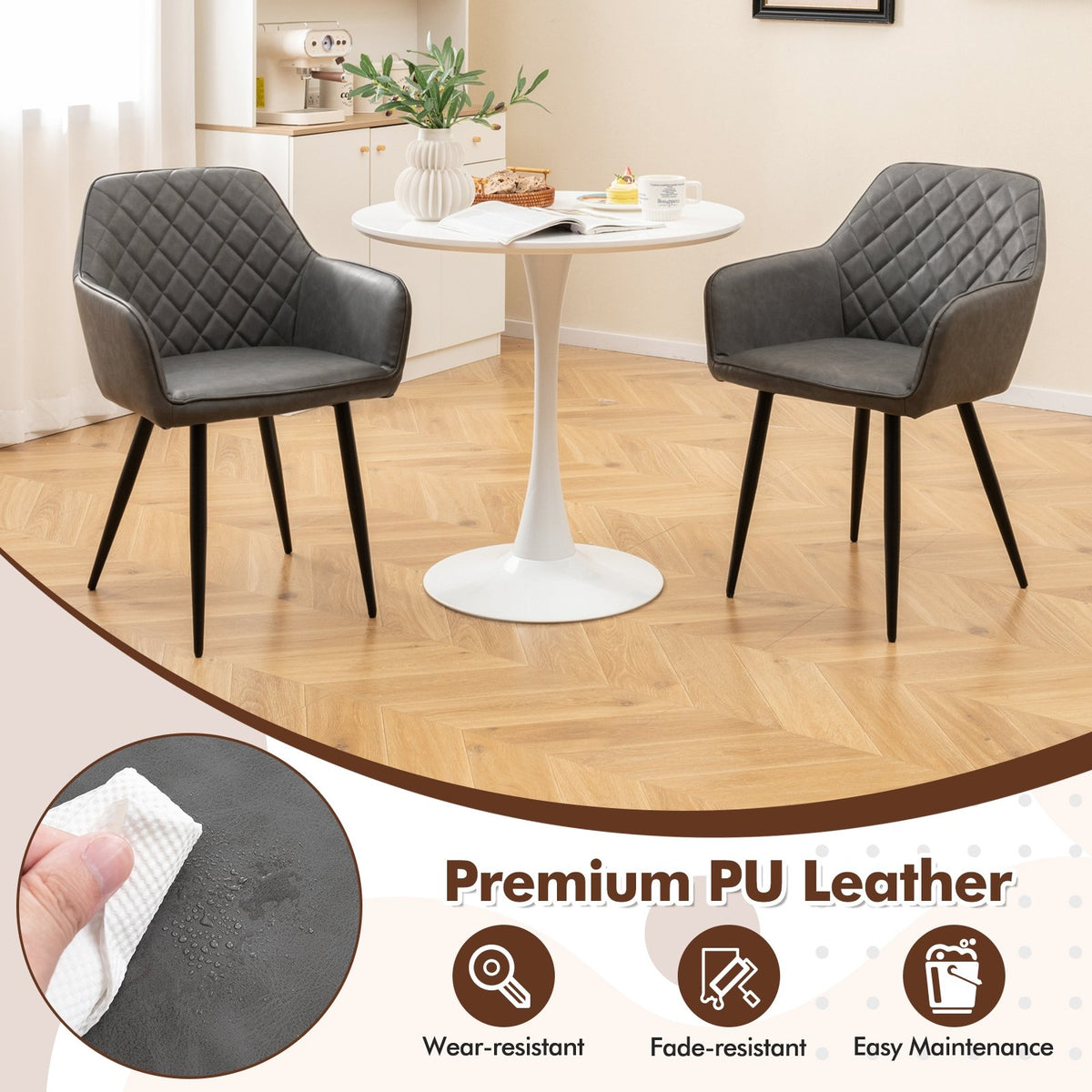 Leisure Dining Chair Set of 2 with Curved Backrest and Wide Seat-Gray view 7