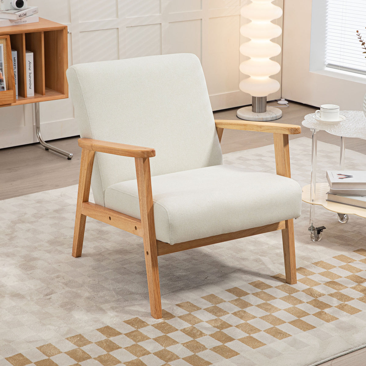 Mid-Century Modern Accent Chair Retro Fabric Armchair Wooden Arm Upholstered Lounge Chair for Living Room Floral
