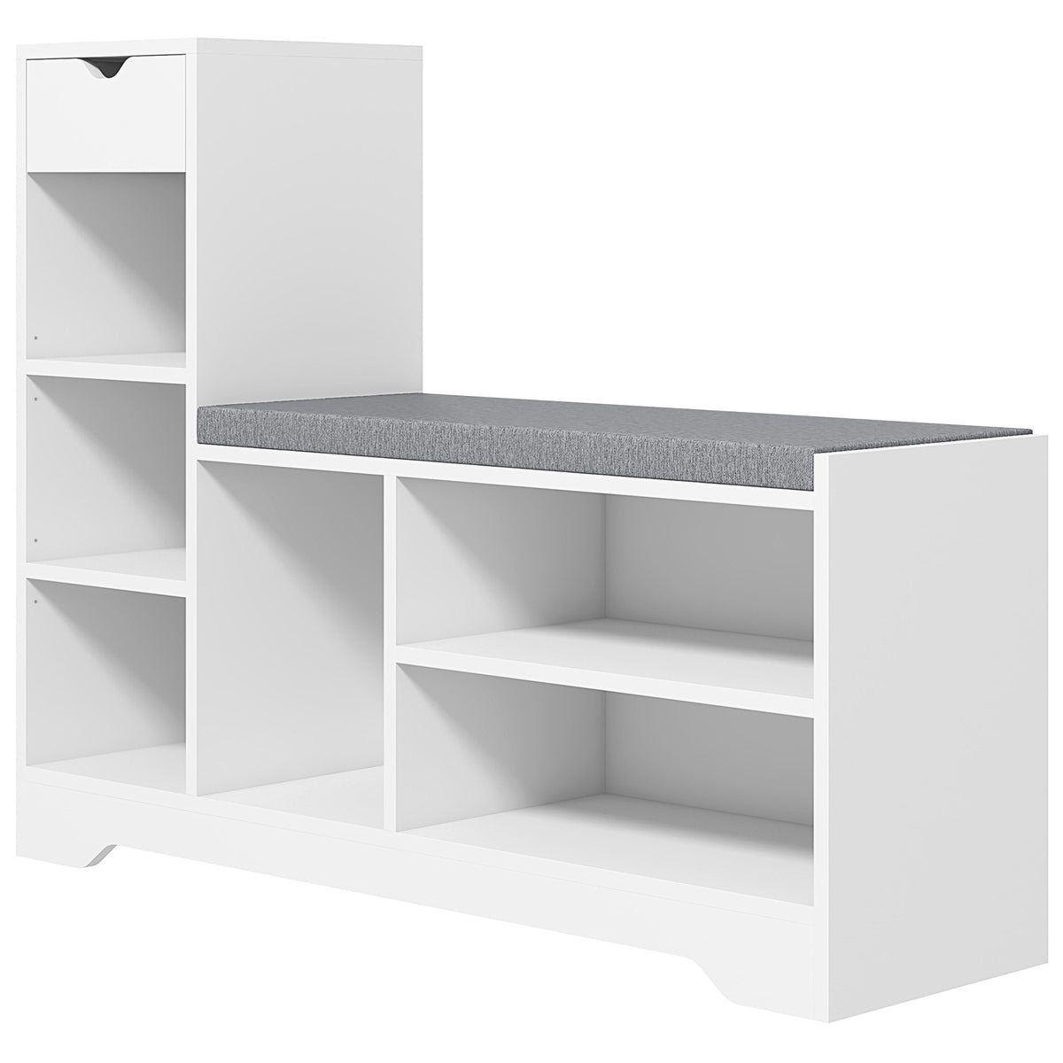 Upholstered Shoe Storage Bench w/ Seat, Entrance Bench w/ Drawer and 6 Open Shelves for Hallway, Grey – view 15
