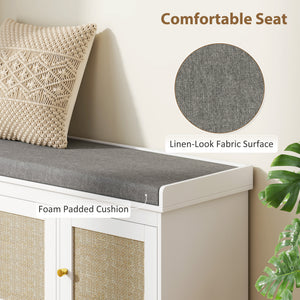 Shoe Storage Bench with Woven Rattan Doors, Shoe Bench with Cushion, Adjustable Shelves, Entryway Bench, White
