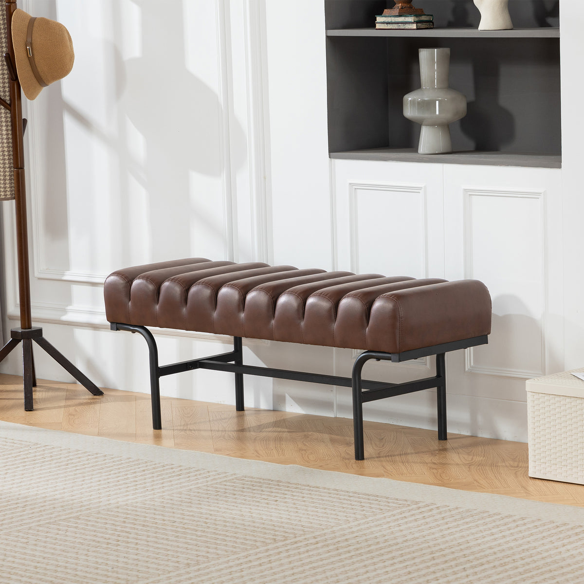 Bedroom Bench PU Leather End of Bed Bench with Cylindrical Seat and Metal Legs for Bedroom Living Room – view 14