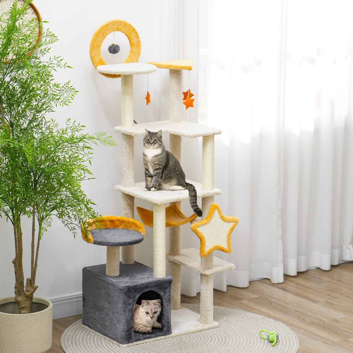 Star and Moon Themed Cat Tree with Cat Scratching Posts, Cat Condo, Bed, Scratching Board, Cat Toys, Beige