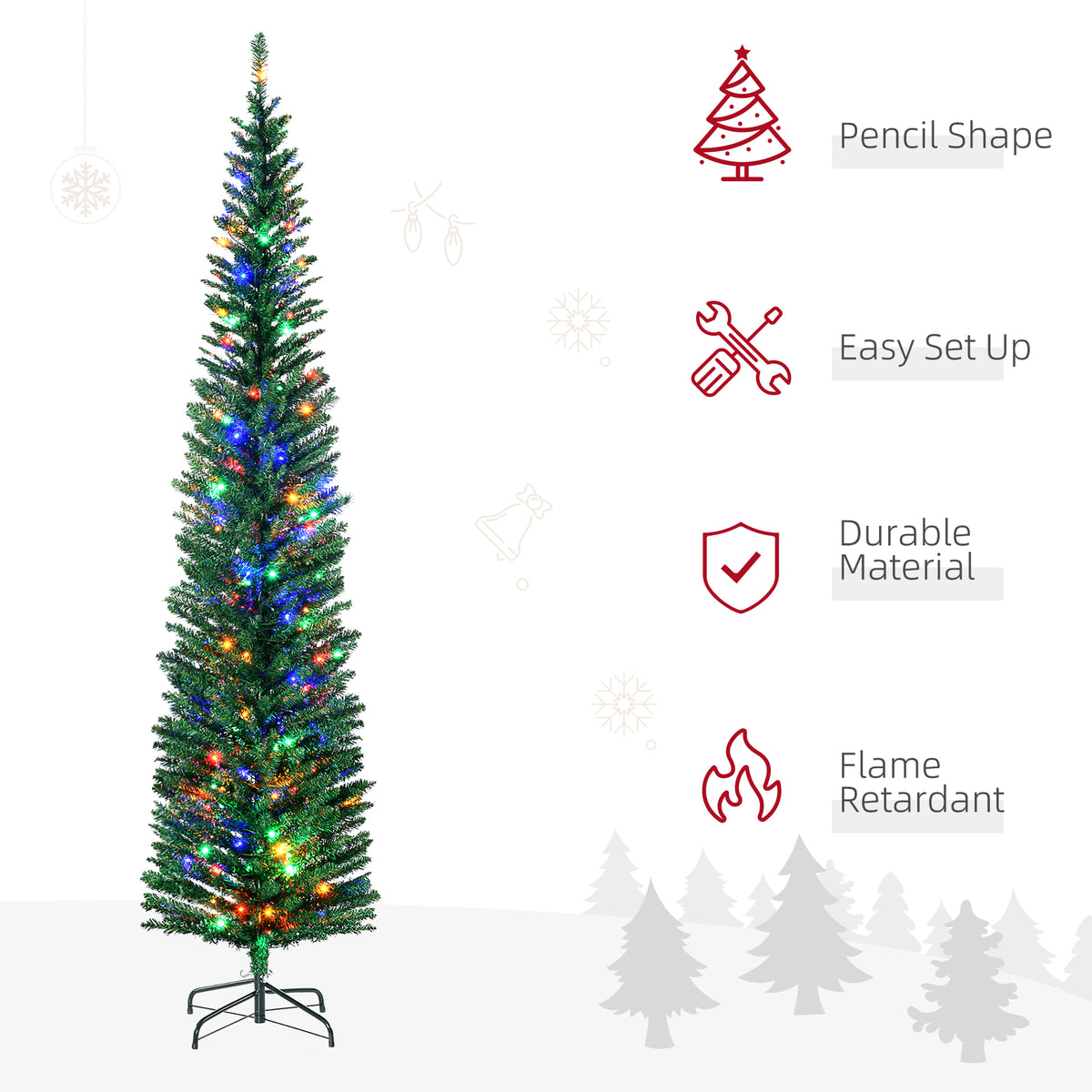7.5' Artificial Pencil Christmas Trees Holiday Decoration with Colourful LED Lights, Steel Base, Skinny Shape