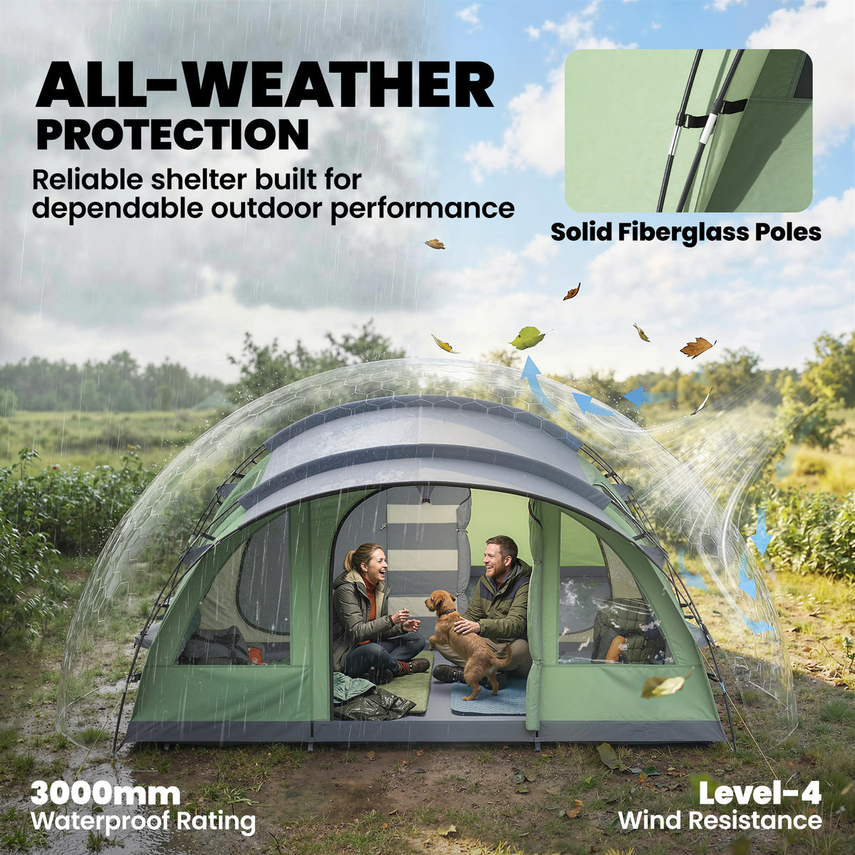 Multi-Room Camping Tent for 5 Person, Easy Set up Large Family Tent with 4 Windows, Porch, Light Green