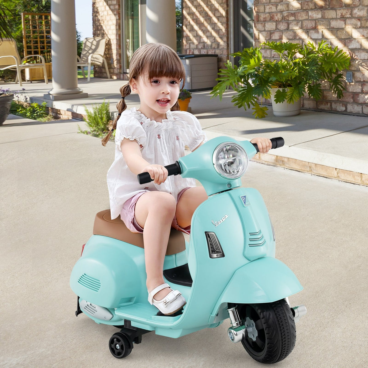 Kids Ride on Motorcycle Licensed Vespa with LED Headlight and Horn Sound-Green view 2