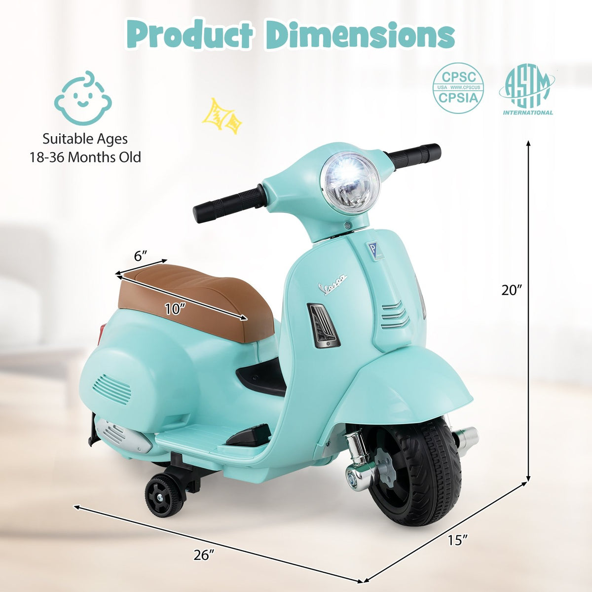 Kids Ride on Motorcycle Licensed Vespa with LED Headlight and Horn Sound-Green view 5