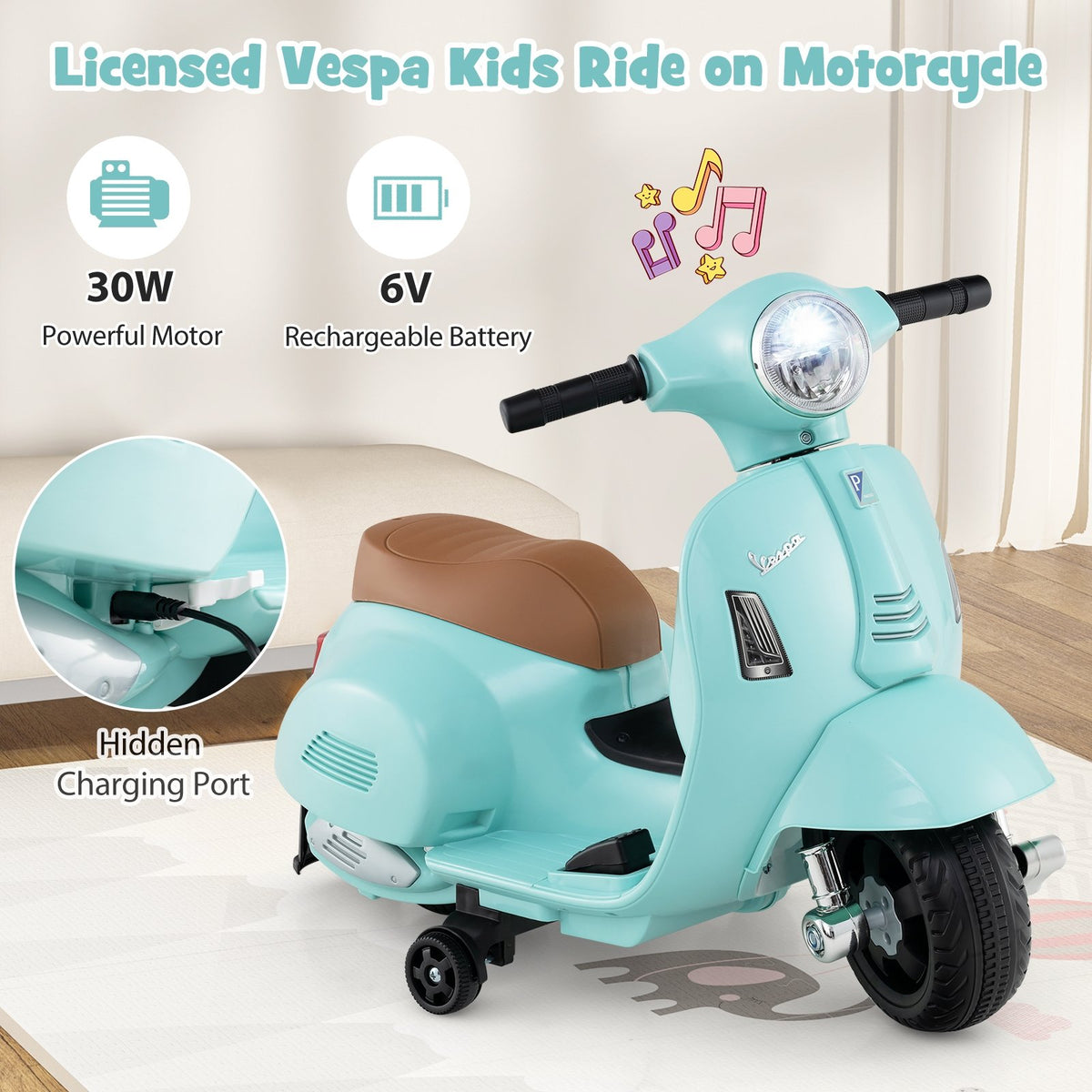 Kids Ride on Motorcycle Licensed Vespa with LED Headlight and Horn Sound-Green view 6