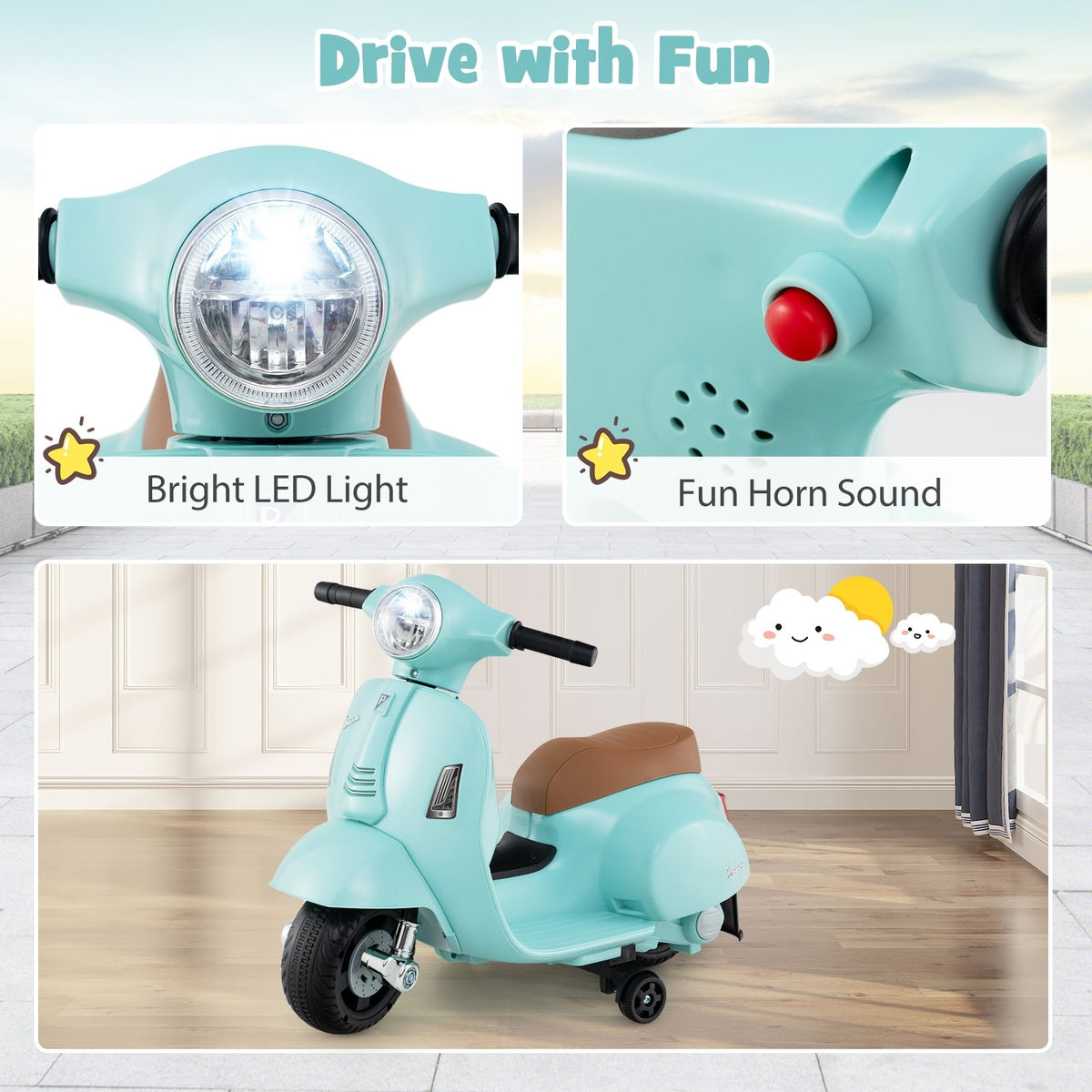 Kids Ride on Motorcycle Licensed Vespa with LED Headlight and Horn Sound-Green view 7