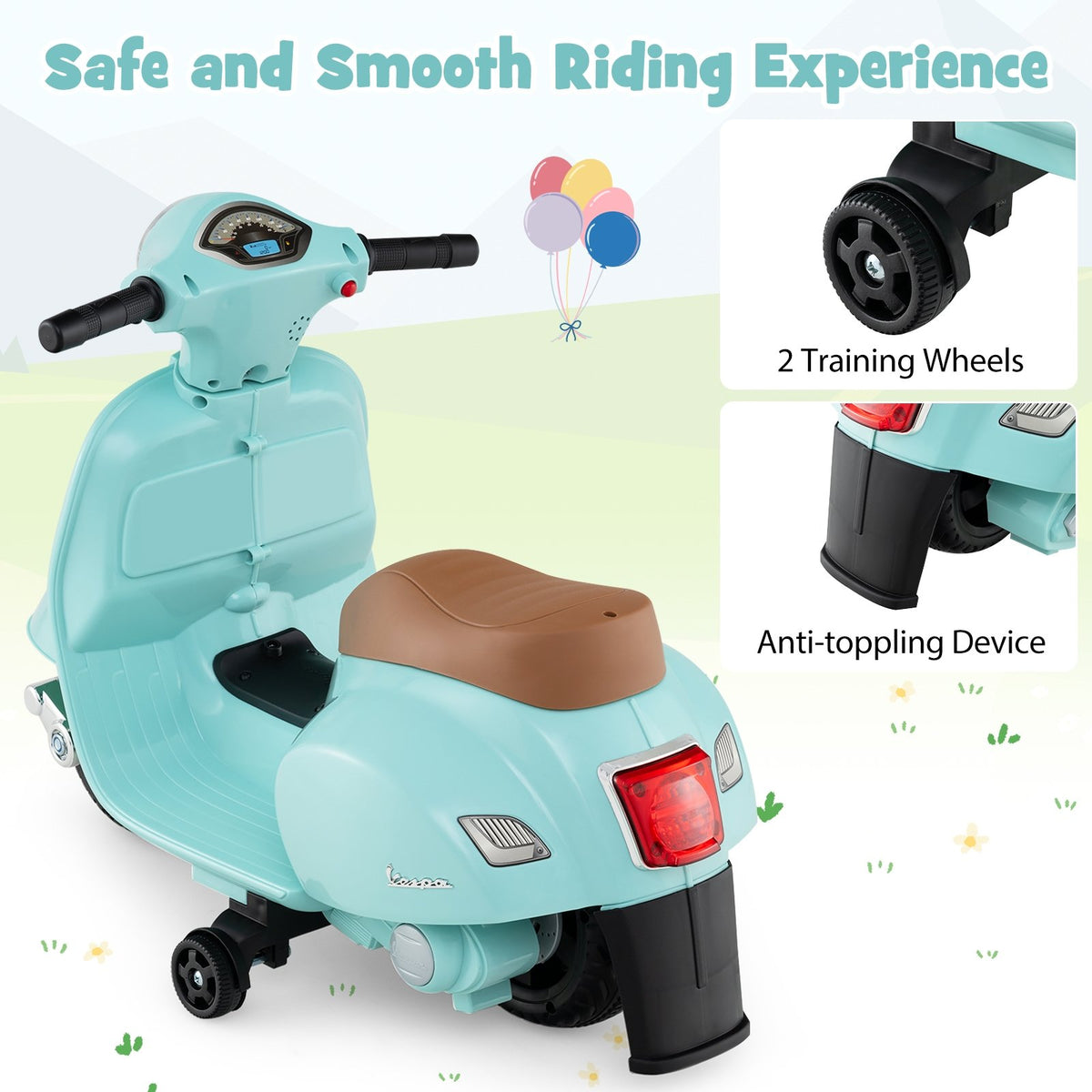 Kids Ride on Motorcycle Licensed Vespa with LED Headlight and Horn Sound-Green view 8