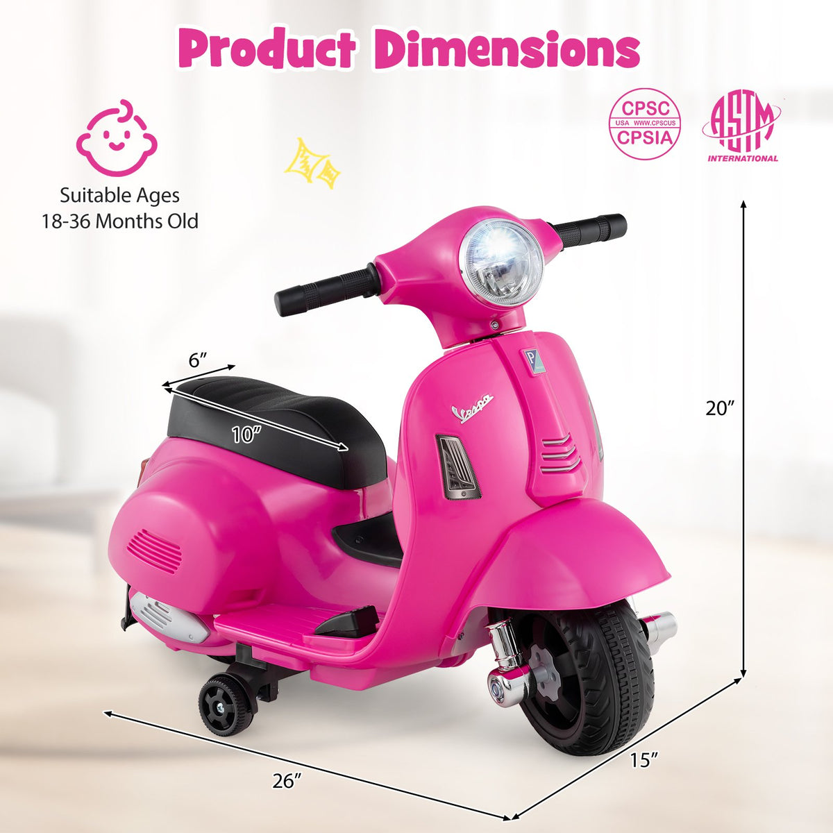 Kids Ride on Motorcycle Licensed Vespa with LED Headlight and Horn Sound-Pink view 5