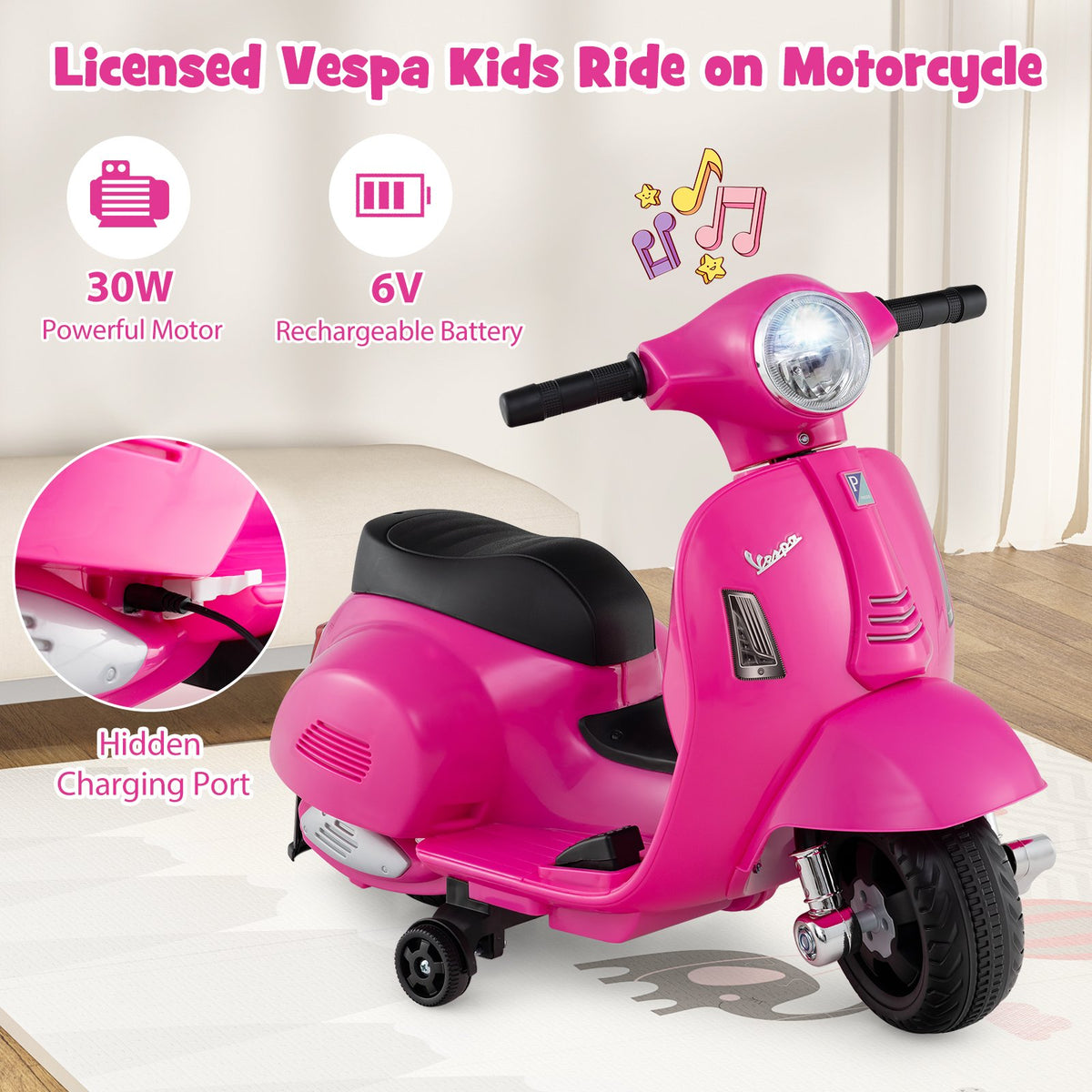 Kids Ride on Motorcycle Licensed Vespa with LED Headlight and Horn Sound-Pink view 6